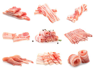 Set of raw bacon on white background
