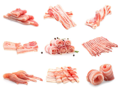 Set of raw bacon on white background