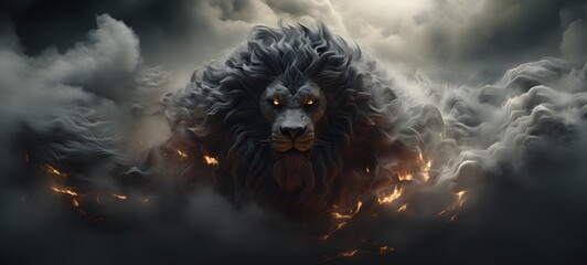 a light lion , coming out of the smoke,ai generative