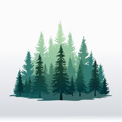 Fototapeta premium Silhouette illustration of a dense cluster of evergreen trees, varying in shades of green, against a white background.