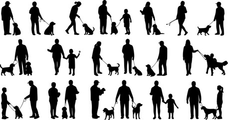 Group people all ages activities with dogs vector silhouette set collection.
