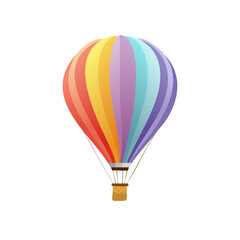 Fototapeta premium A colorful hot air balloon with vertical stripes, floating against a white background.