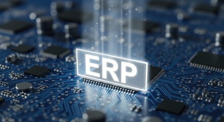 ERP System on a Microchip with Glowing Text and Circuit Board Background Enterprise Resource Planning