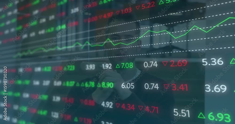 Poster analyst monitoring display while live stock data overlay updating graph and tracking market trend