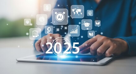 Business Strategy and Technology Trends for 2025 Person Using a Tablet with Digital Icons