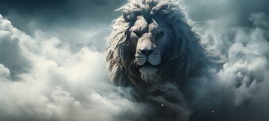 a light lion , coming out of the smoke,ai generative