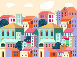 Colorful Residential Village with Retro Tropical Houses – Flat Vector