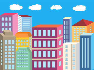 Flat Minimalist Vector Illustration Modern Colorful City Skyline with High Buildings