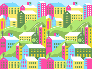 Bright Pastel Cityscape with Hills and Buildings in Flat Vector Style
