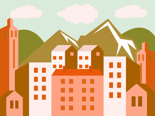 Flat Vector Mountain Cityscape with Abstract Geometric Buildings