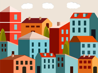 Flat Vector Illustration of Colorful City Buildings with Simple Trees