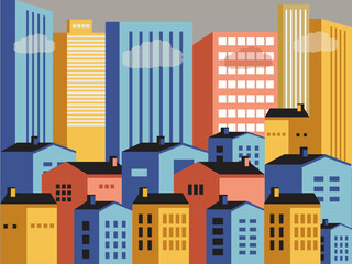 Colorful Urban Cityscape with Houses and Skyscrapers – Flat Vector