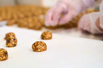 Hand-placed grillage is arranged on a conveyor belt for efficient production and quality control in a food processing facility