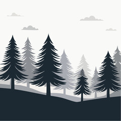 Obraz premium Silhouettes of pine trees on a hill, simple landscape illustration, gray tones.