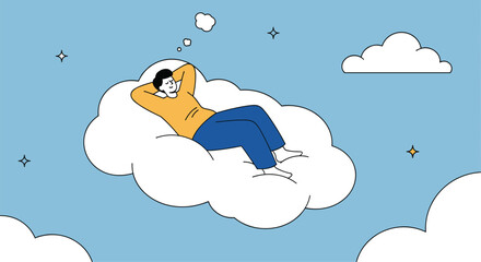 A person is relaxing on a cloud in the sky imagining future possibilities and enjoying a moment of peaceful contemplation