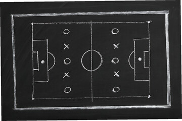 Chalkboard Illustration of a Soccer Field with a Game Strategy Outlined in White Chalk for Team Play