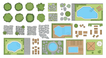 Collection of aerial view landscape design elements for outdoor living spaces
