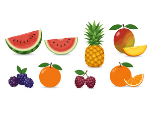 Summer Fruit Vector Illustration Set, flat style, clean white background. Includes: watermelon, pineapple, mango, berries, orange slices, tropical fruit mix. Bold, colorful vector, no shadows.