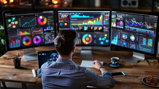 Analyst reviews financial and marketing data through dynamic digital dashboards