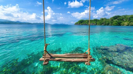 Obraz premium Wooden swing hanging above clear turquoise lagoon on a tropical island, peaceful paradise