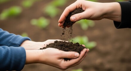 Hands Holding and Pouring Rich Soil in a Field Symbolizing Agriculture and Growth