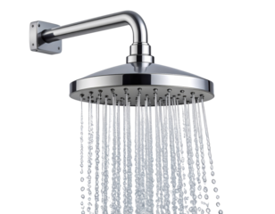  “Modern Stainless Steel Shower Head Spraying Water Downwards, Transparent Background”.