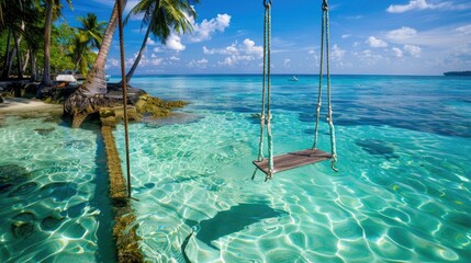 Serene ocean swing sways gently above shallow water near palm-lined tropical beach