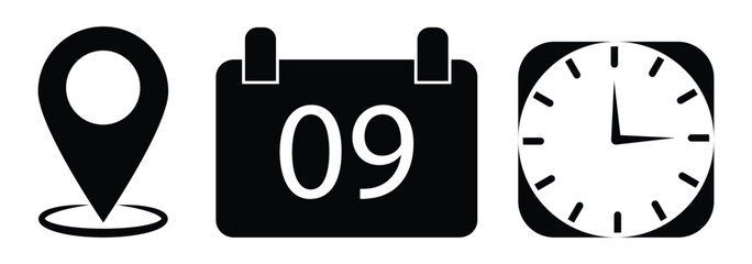 Address time date icons set. Information for invitation event, with analog wall clock, calendar binder and location pin, symbol of date time place or address. eps 10