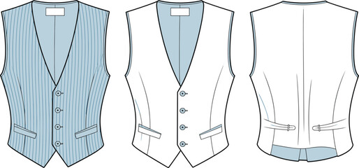 Men’s formal waistcoat front and back views, tailored vest design, cad drawing flat vector illustration, adjustable strap, fashion sketch