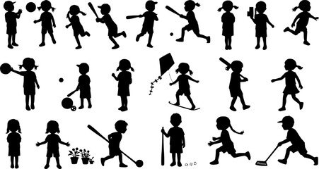 Kids doing various outdoor activities hobbies and sports outdoors vector silhouette set collection.
