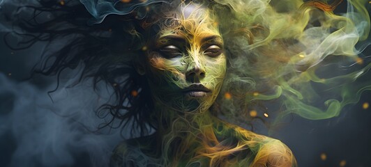 a light Troll dryad , coming out of the smoke , photorealistic,ai generative