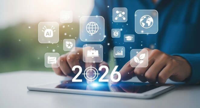 Business Strategy and Goals for 2026 with Digital Transformation and Technology Integration on Tablet - Powered by Adobe