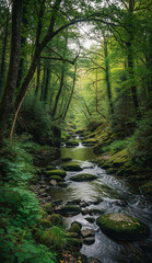 Fototapeta premium Tropical Creek Surrounded by Forest Rocks and Ferns – Clear Water and Jungle Atmosphere in Early Morning Light