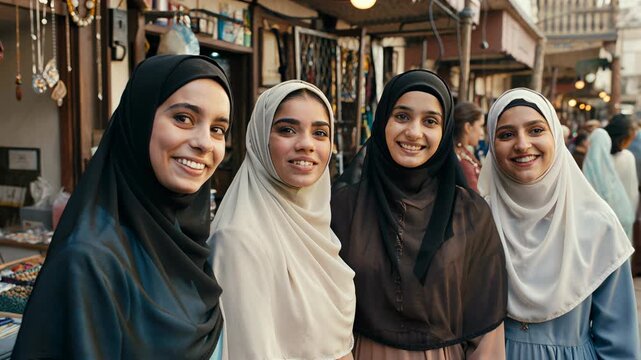 group of young muslim women wearing islamic hijab looking at the camera	
