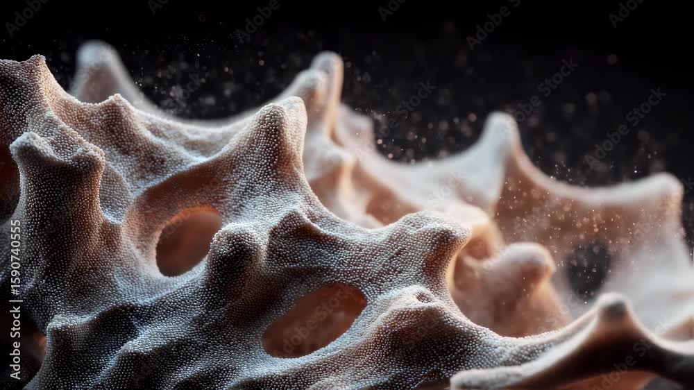 Poster tiny particles floating around an innovative porous material with a granular structure, creating a v