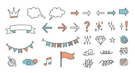 Collection of decorative doodle elements including arrows speech bubbles flags and festive accents for creative design projects