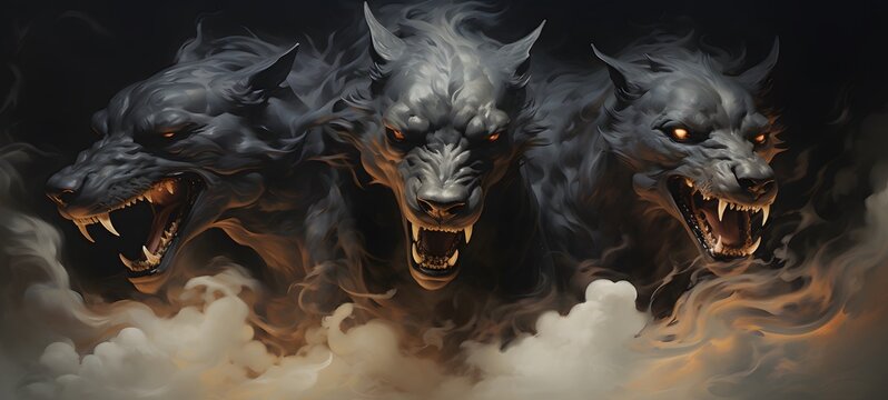 a light Cerberus demon , coming out of the smoke,ai generative
