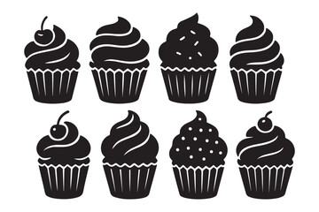 
Set of black cupcakes, muffin logo. Pastry shop logo.