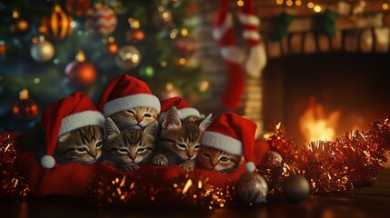 Christmas Kitten Cuddle: Festive Felines by the Cozy Fireplace in Red Hats
