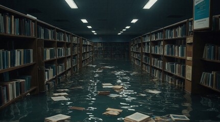 Flooded Library with Floating Books Disaster Aftermath and Ruined Education