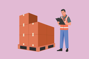 Warehouse worker checking stacked boxes on pallet with clipboard, logistic employee in safety vest inspecting cargo in distribution center for inventory and supply chain, flat vector illustration