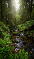 Obraz premium Scenic Tropical River in the Heart of a Forest – Soft Sunrays Touching Mossy Rocks and Flowing Stream, Creating a Magical Jungle Atmosphere