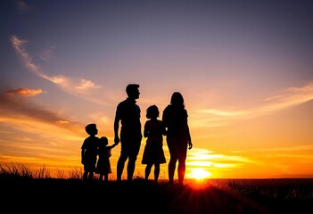 Fototapeta premium Golden hour silhouettes against vibrant sunset sky, family on grassy hill, peaceful, vibrant