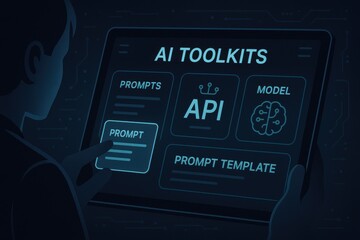 Illustrated AI Toolkits Interface with Prompt Generator, API Access, Model Selection and Template Options
