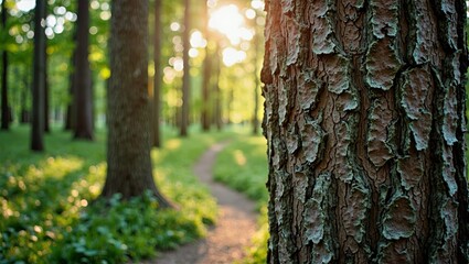 Sunlit Forest Path with Tree Trunk and Lush Green Canopy