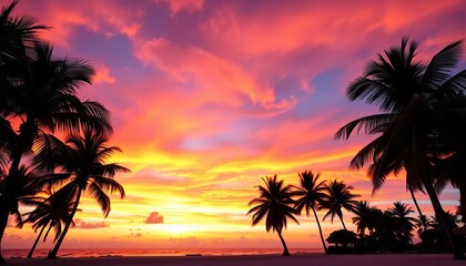 Vibrant sunset hues paint the sky behind silhouetted palm trees on a tropical beach,  tropical,   golden hour