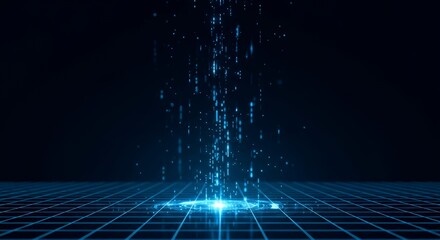 Digital Data Stream Falling From Bright Grid in Dark Background