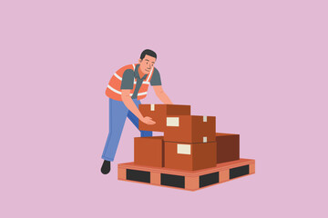 Warehouse employee in safety vest stacking cardboard boxes on a pallet, logistics staff organizing packages for storage or shipment inside distribution center, flat vector illustration