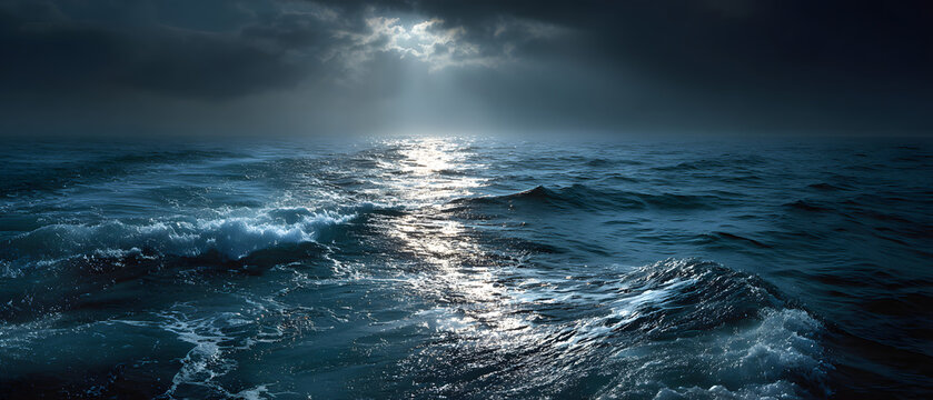 Blue ocean with waves and ripples. The water is calm and peaceful. The sky is dark and cloudy