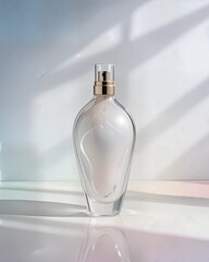 Create a high-fashion cosmetic mockup showcasing an elegantly designed glass bottle with a pearlescent finish. The background should feature a soothing gradient of pastel colors, with reflective surfa